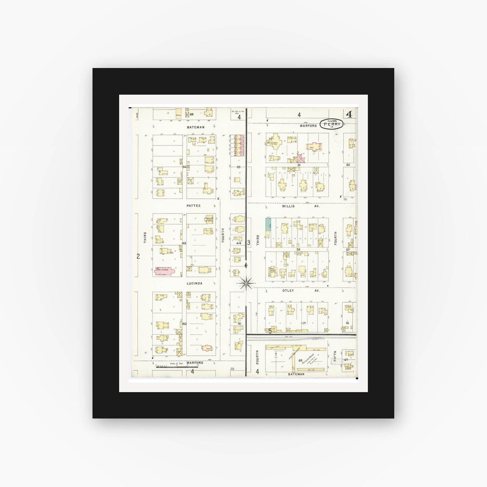 Old map wall art mockup — black gallery frame with white mat — Sanborn Fire Insurance Map from Perry, Dallas County, Iowa (1896), Sheet #0004