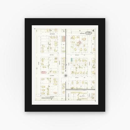 Old map wall art mockup — black gallery frame with white mat — Sanborn Fire Insurance Map from Perry, Dallas County, Iowa (1896), Sheet #0004