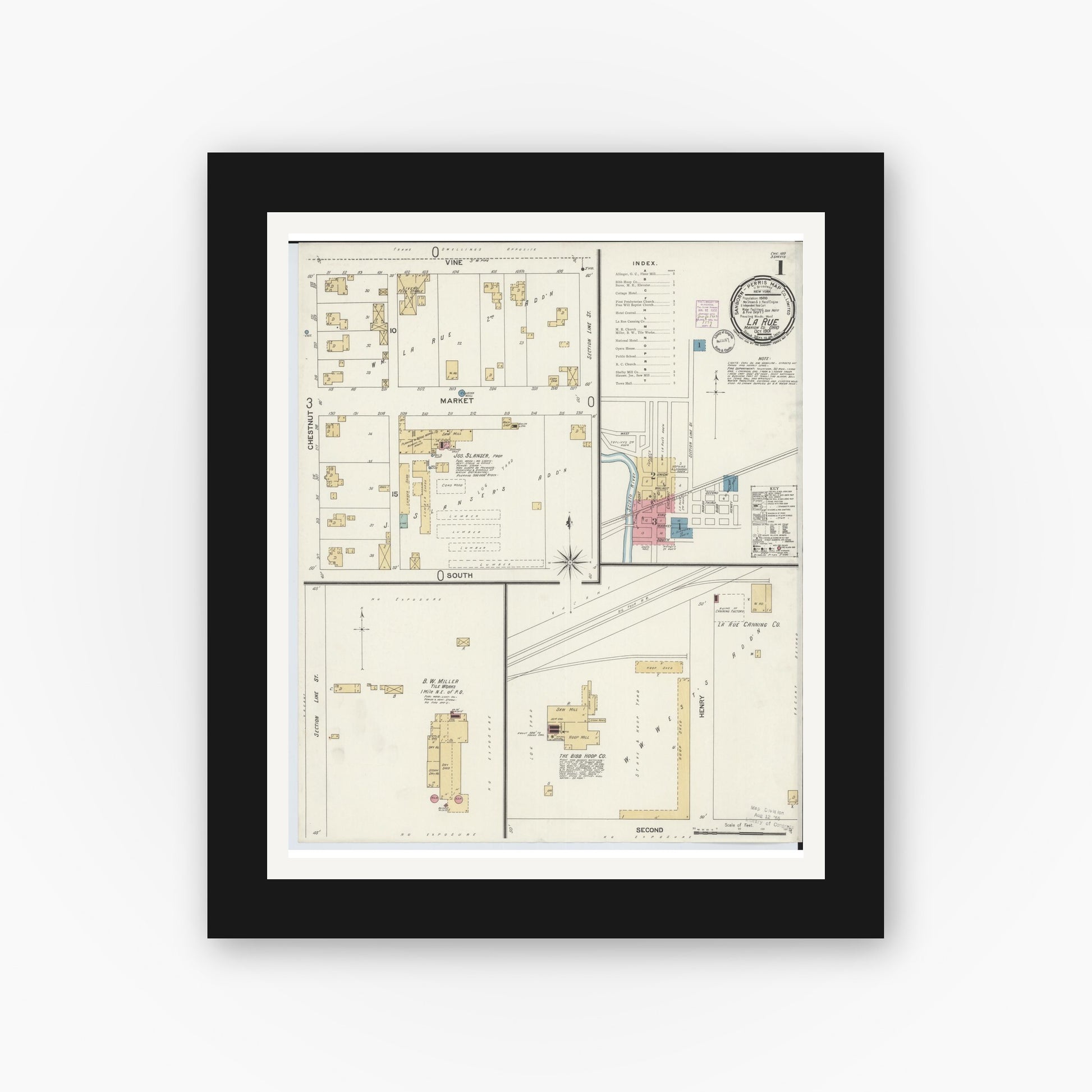 Old map wall art mockup — black gallery frame with white mat — Sanborn Fire Insurance Map from La Rue, Marion County, Ohio (1901), Sheet #0001