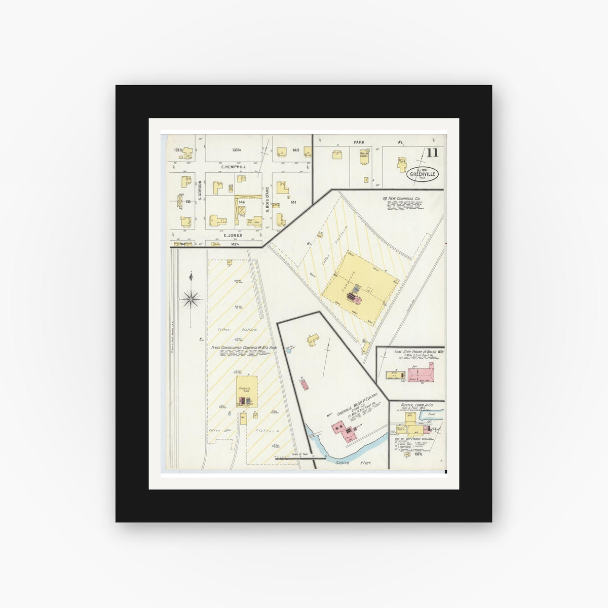 Old map wall art mockup — black gallery frame with white mat — Sanborn Fire Insurance Map from Greenville, Hunt County, Texas (1898), Sheet #0011