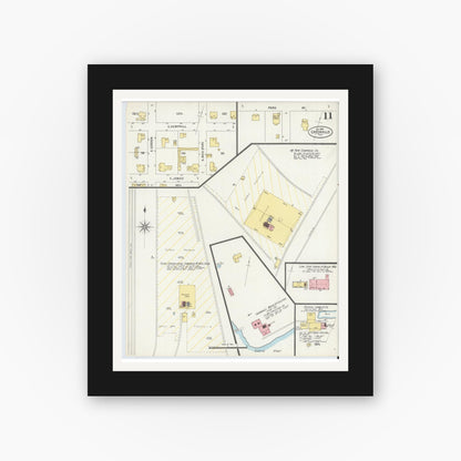 Old map wall art mockup — black gallery frame with white mat — Sanborn Fire Insurance Map from Greenville, Hunt County, Texas (1898), Sheet #0011