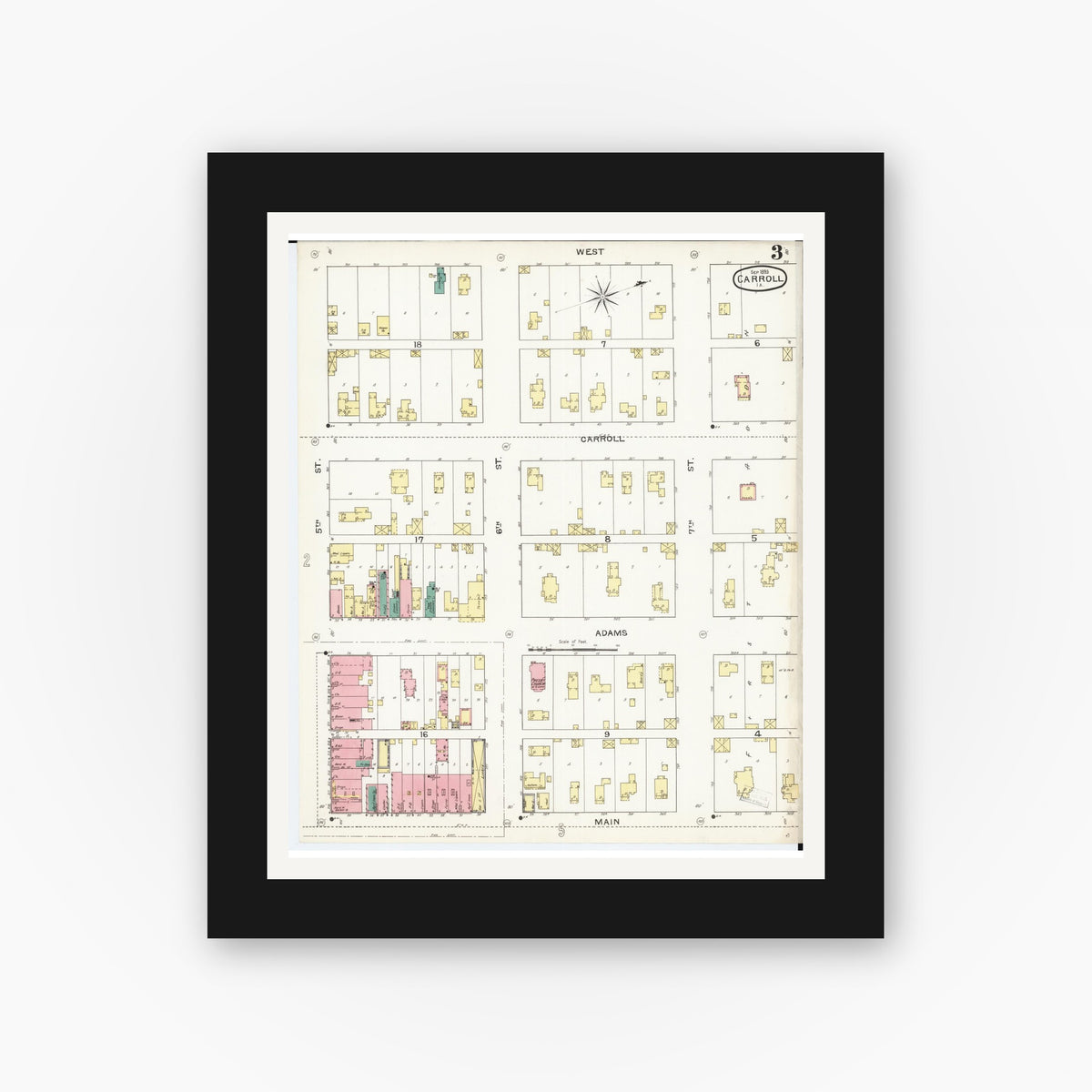 Old map wall art mockup — black gallery frame with white mat — Sanborn Fire Insurance Map from Carroll, Carroll County, Iowa (1893), Sheet #0003