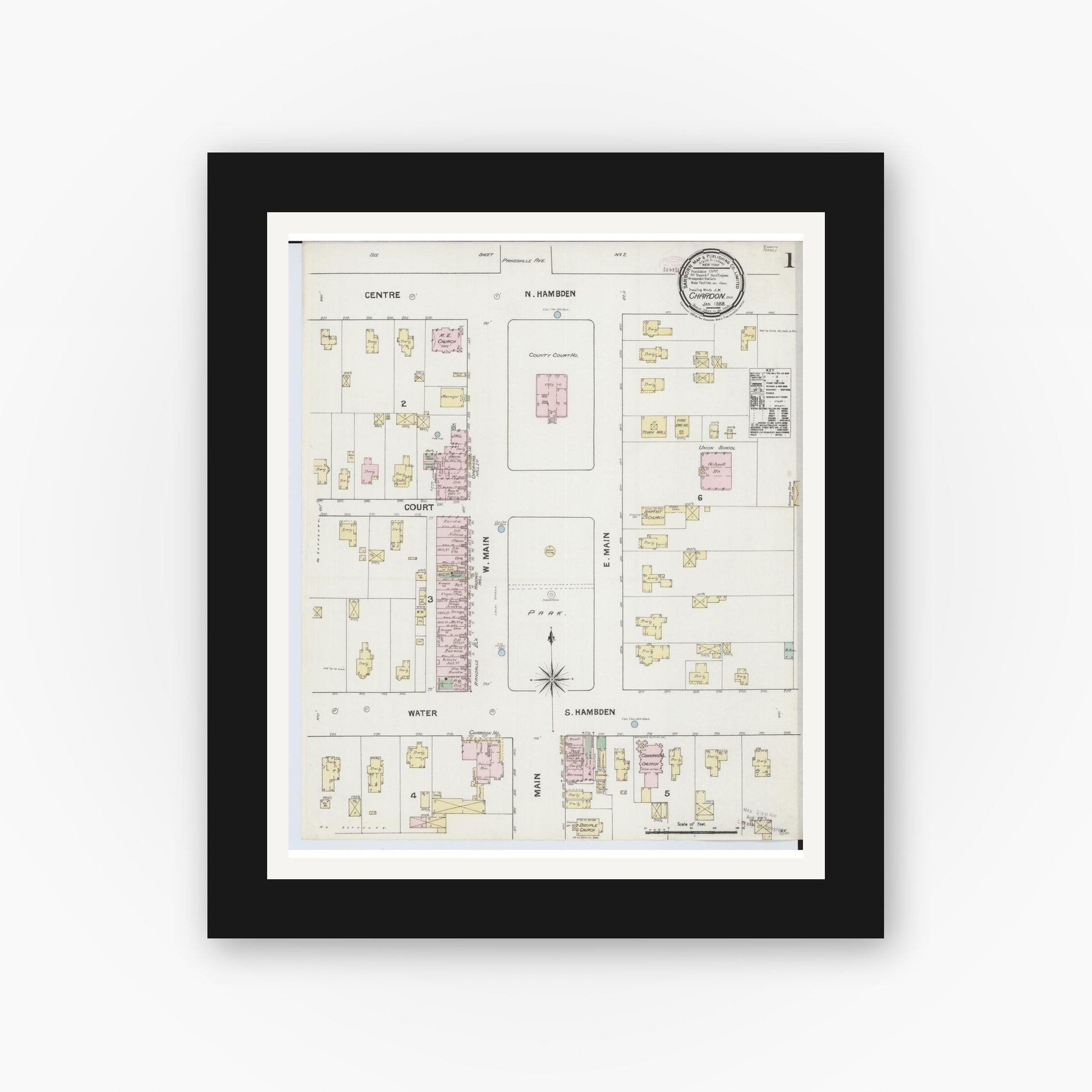 Old map wall art mockup — black gallery frame with white mat — Sanborn Fire Insurance Map from Chardon, Geauga County, Ohio (1889), Sheet #0001