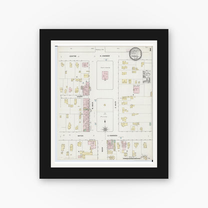 Old map wall art mockup — black gallery frame with white mat — Sanborn Fire Insurance Map from Chardon, Geauga County, Ohio (1889), Sheet #0001