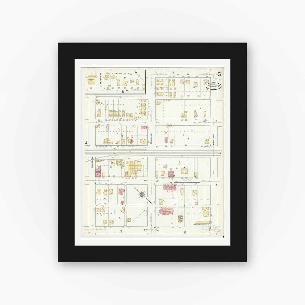 Old map wall art mockup — black gallery frame with white mat — Sanborn Fire Insurance Map from Coraopolis, Allegheny County, Pennsylvania (1911), Sheet #0005