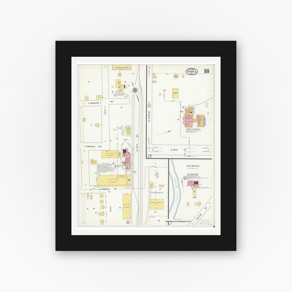 Old map wall art mockup — black gallery frame with white mat — Sanborn Fire Insurance Map from Temple, Bell County, Texas (1915), Sheet #0018