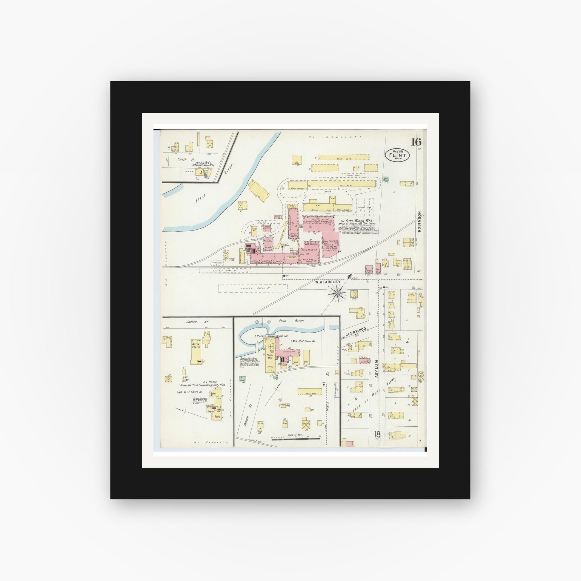 Old map wall art mockup — black gallery frame with white mat — Sanborn Fire Insurance Map from Flint, Genesee County, Michigan (1898), Sheet #0016