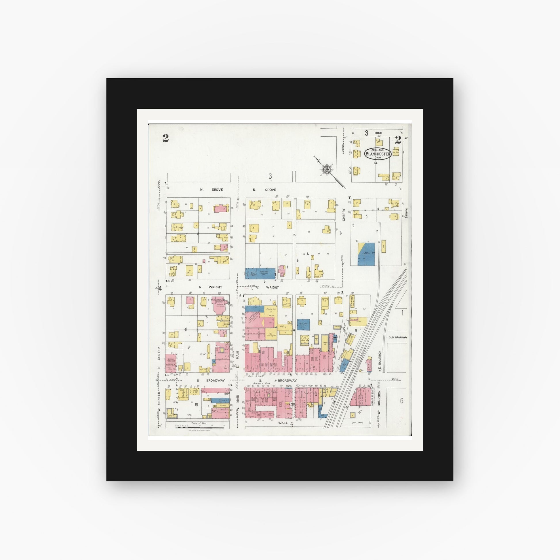 Old map wall art mockup — black gallery frame with white mat — Sanborn Fire Insurance Map from Blanchester, Clinton County, Ohio (1925), Sheet #0002