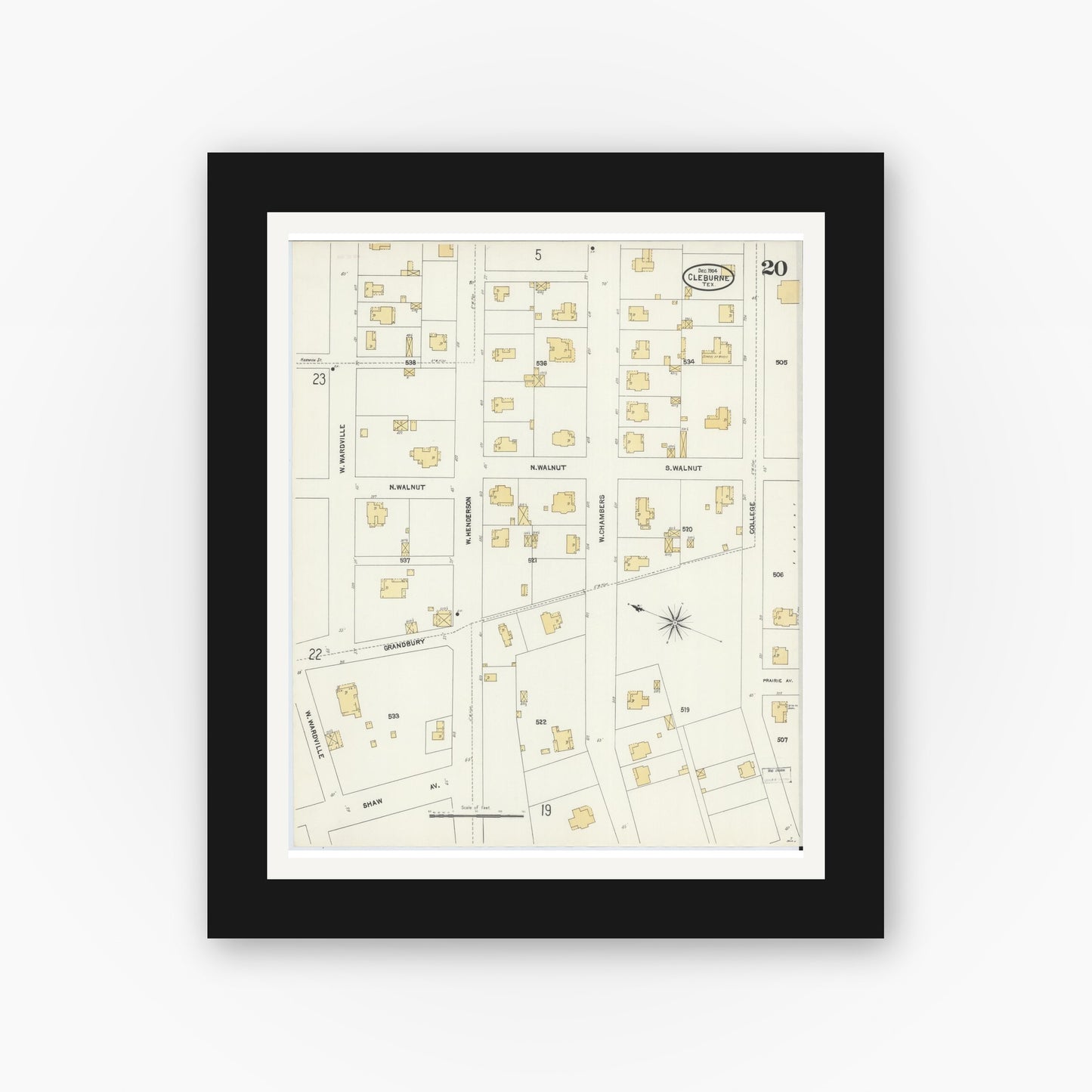 Old map wall art mockup — black gallery frame with white mat — Sanborn Fire Insurance Map from Cleburne, Johnson County, Texas (1904), Sheet #0020
