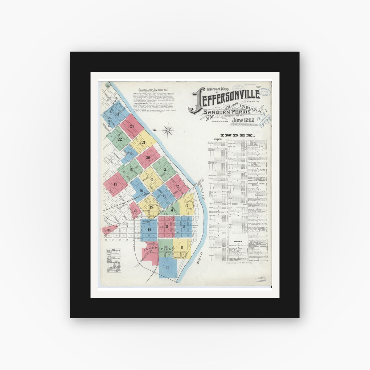 Old map wall art mockup — black gallery frame with white mat — Sanborn Fire Insurance Map from Jeffersonville, Clark County, Indiana (1898) - Complete Map Set