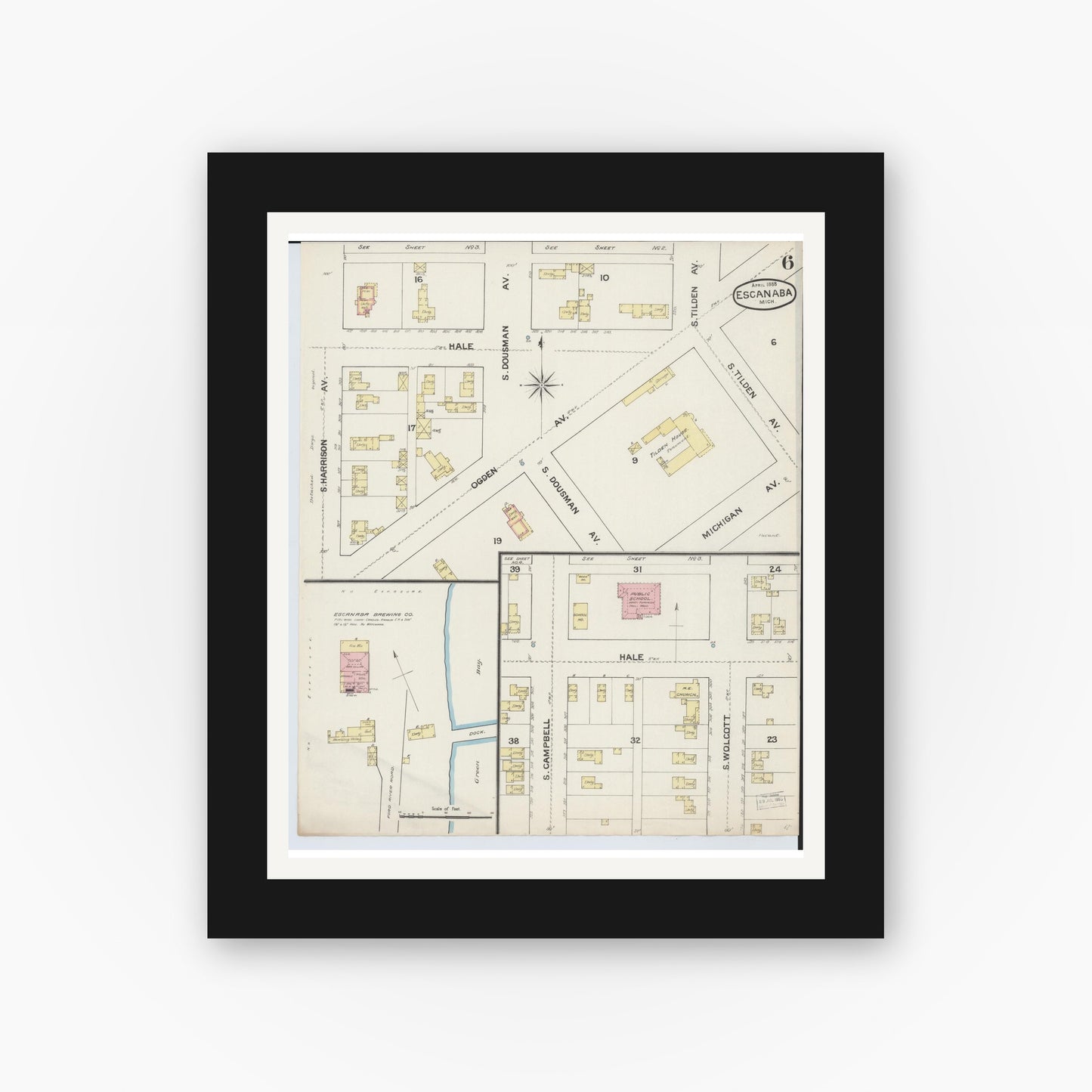 Old map wall art mockup — black gallery frame with white mat — Sanborn Fire Insurance Map from Escanaba, Delta County, Michigan (1888), Sheet #0006