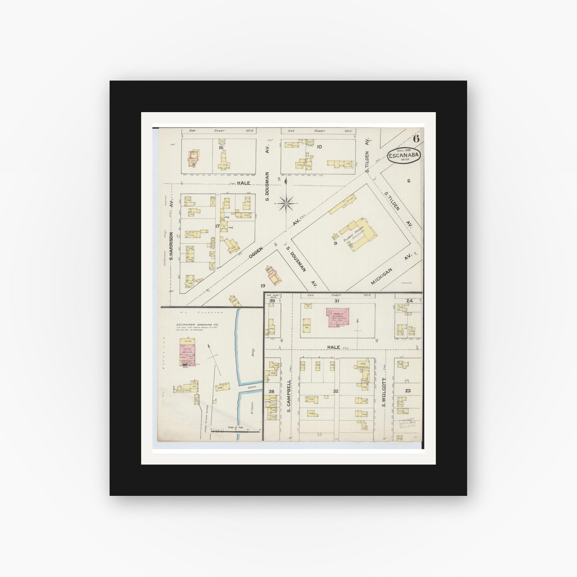 Old map wall art mockup — black gallery frame with white mat — Sanborn Fire Insurance Map from Escanaba, Delta County, Michigan (1888), Sheet #0006