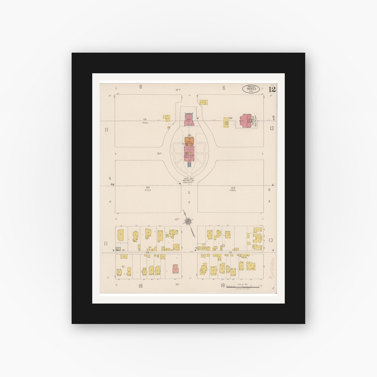 Old map wall art mockup — black gallery frame with white mat — Sanborn Fire Insurance Map from Merced, Merced County, California (1922), Sheet #0012