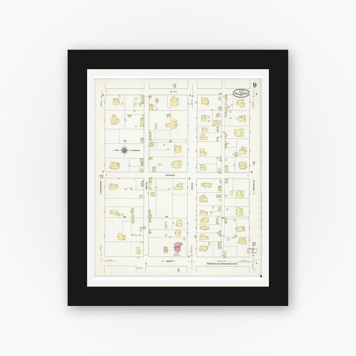 Old map wall art mockup — black gallery frame with white mat — Sanborn Fire Insurance Map from Hillsboro, Hill County, Texas (1911), Sheet #0009