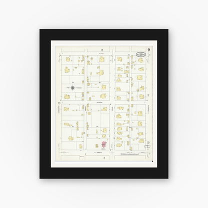 Old map wall art mockup — black gallery frame with white mat — Sanborn Fire Insurance Map from Hillsboro, Hill County, Texas (1911), Sheet #0009