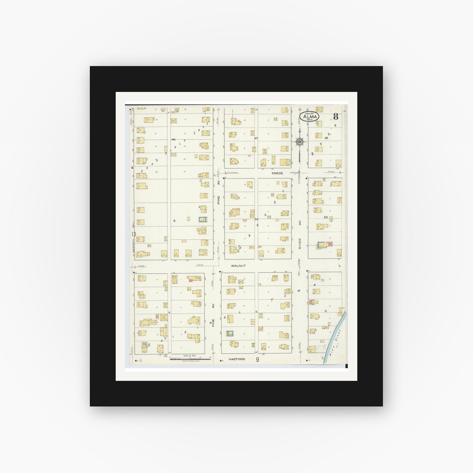 Old map wall art mockup — black gallery frame with white mat — Sanborn Fire Insurance Map from Alma, Gratiot County, Michigan (1917), Sheet #0008
