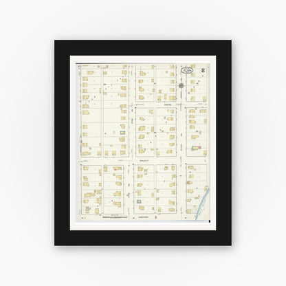Old map wall art mockup — black gallery frame with white mat — Sanborn Fire Insurance Map from Alma, Gratiot County, Michigan (1917), Sheet #0008