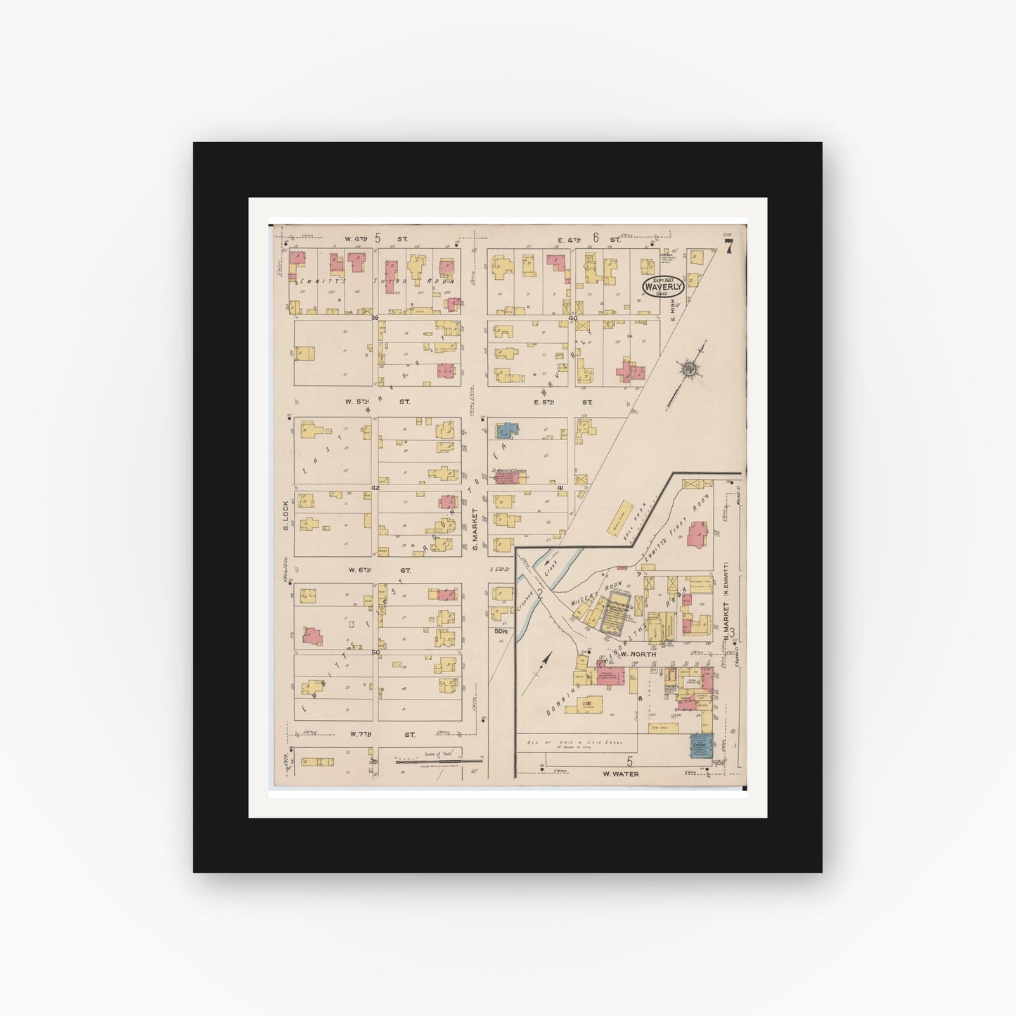 Old map wall art mockup — black gallery frame with white mat — Sanborn Fire Insurance Map from Waverly, Pike County, Ohio (1921), Sheet #0007