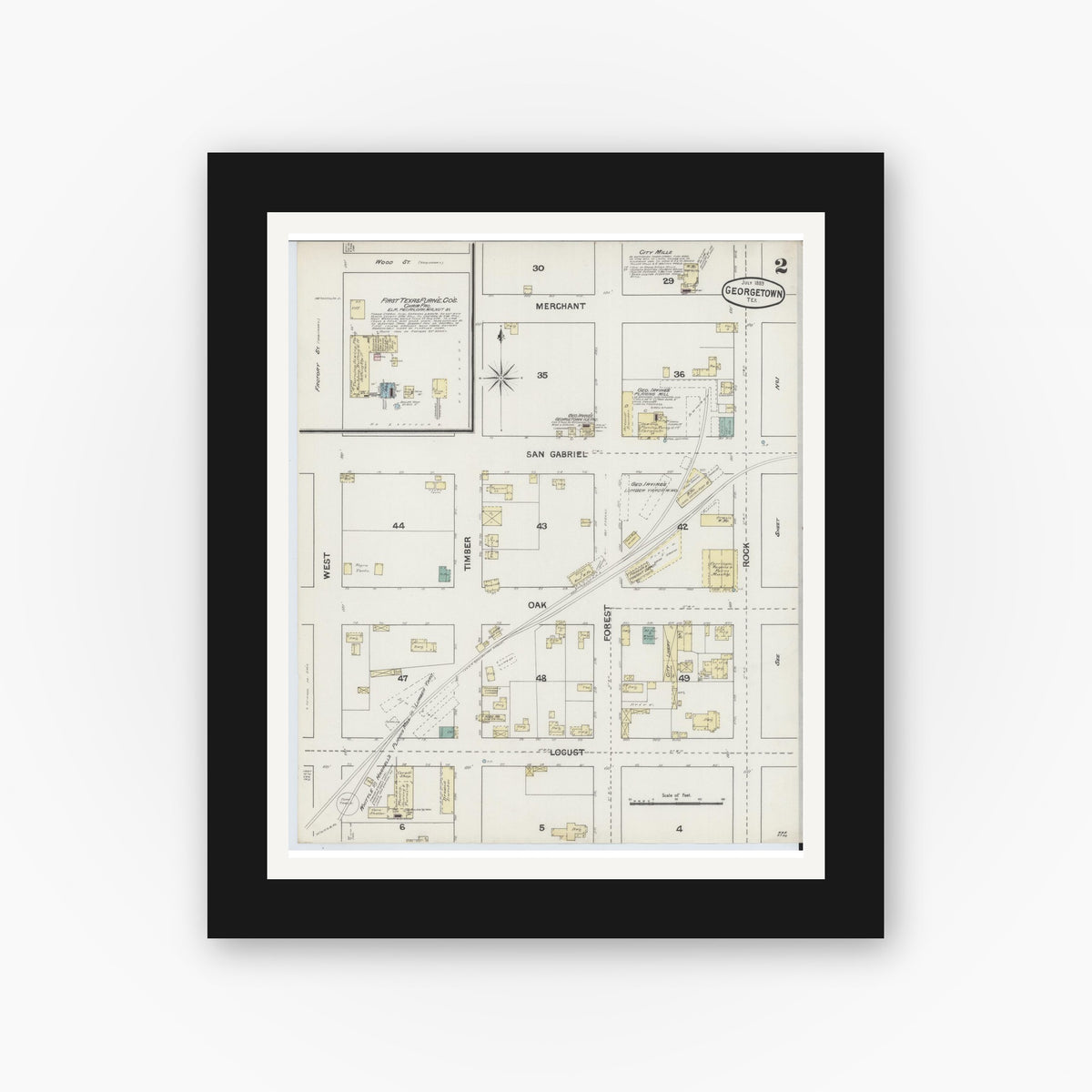 Old map wall art mockup — black gallery frame with white mat — Sanborn Fire Insurance Map from Georgetown, Williamson County, Texas (1889), Sheet #0002