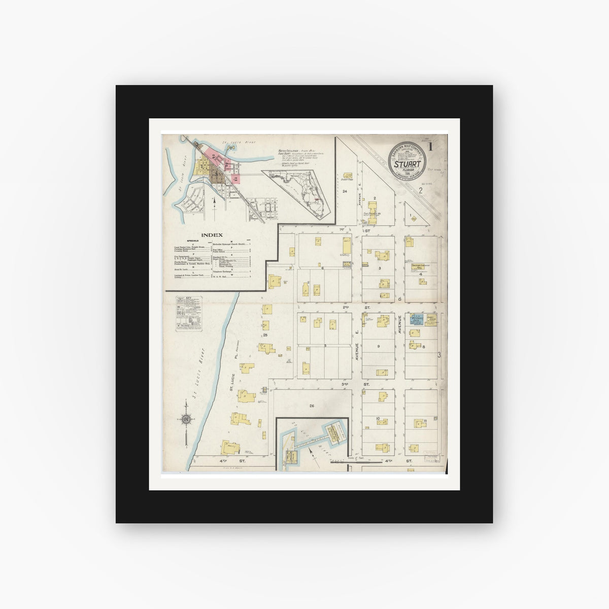 Old map wall art mockup — black gallery frame with white mat — Sanborn Fire Insurance Map from Stuart, Martin County, Florida (1915) - Complete Map Set