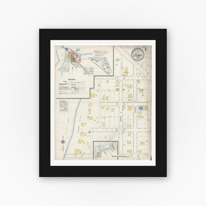 Old map wall art mockup — black gallery frame with white mat — Sanborn Fire Insurance Map from Stuart, Martin County, Florida (1915) - Complete Map Set
