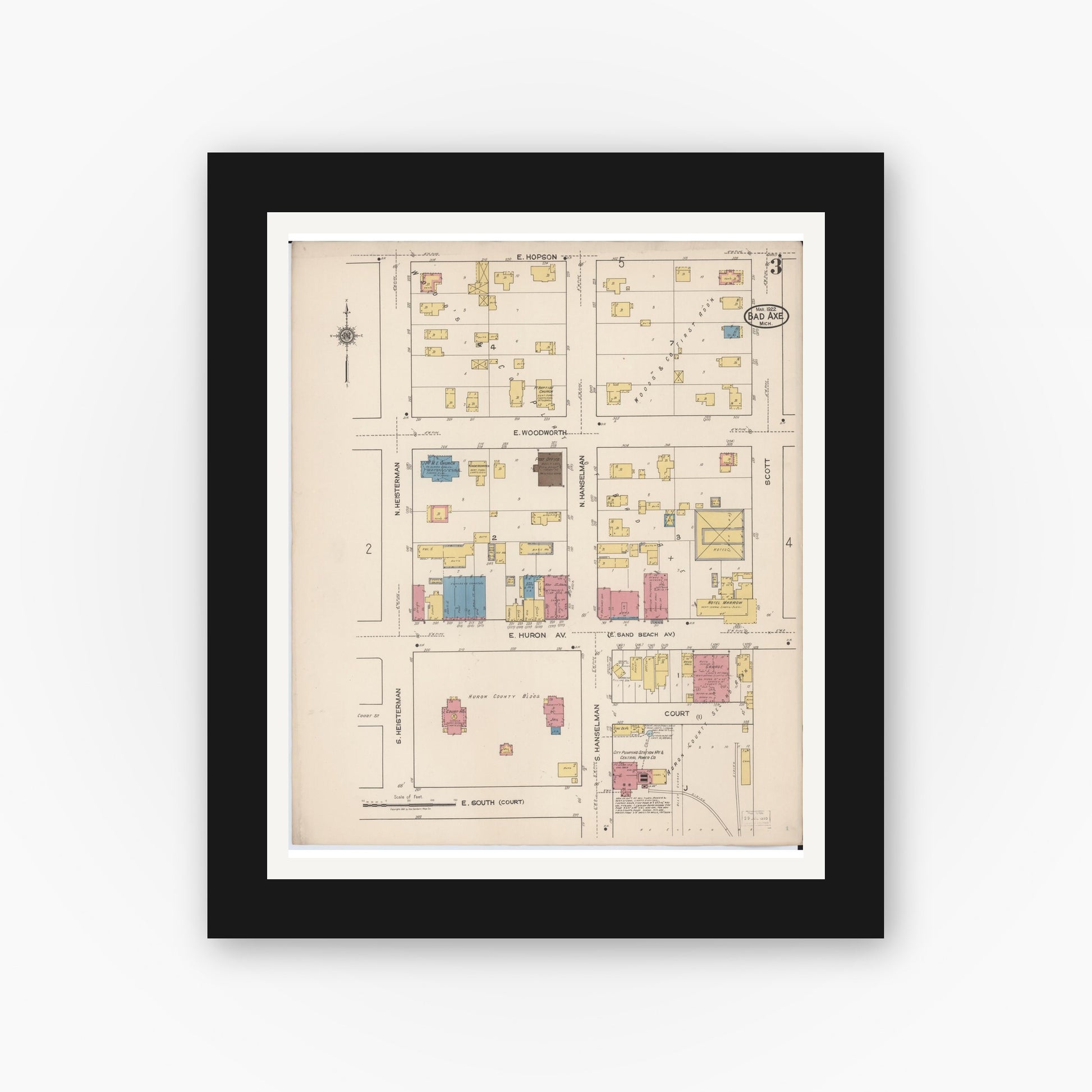 Old map wall art mockup — black gallery frame with white mat — Sanborn Fire Insurance Map from Bad Axe, Huron County, Michigan (1922), Sheet #0003