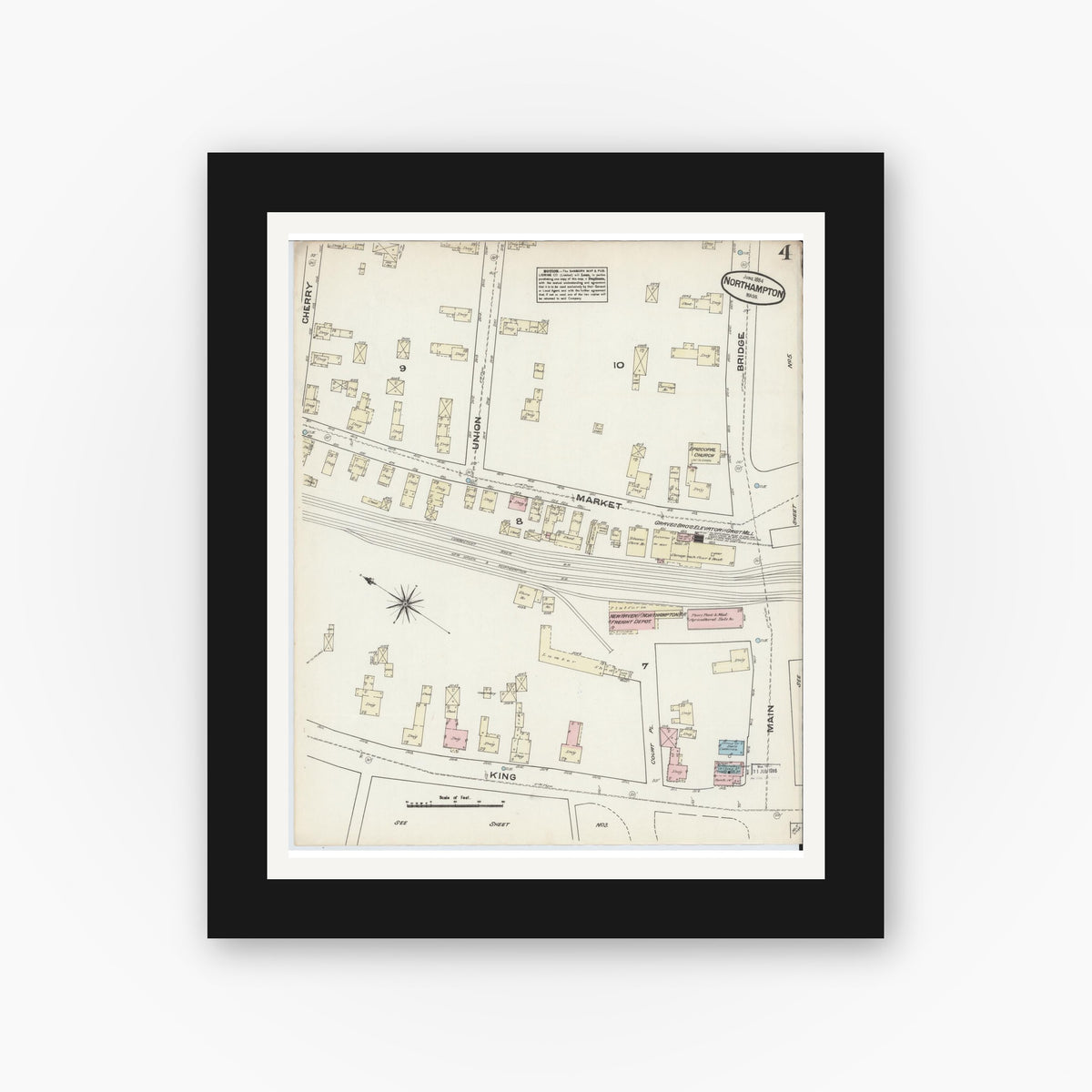 Old map wall art mockup — black gallery frame with white mat — Sanborn Fire Insurance Map from Northampton, Hampshire County, Massachusetts (1884), Sheet #0004