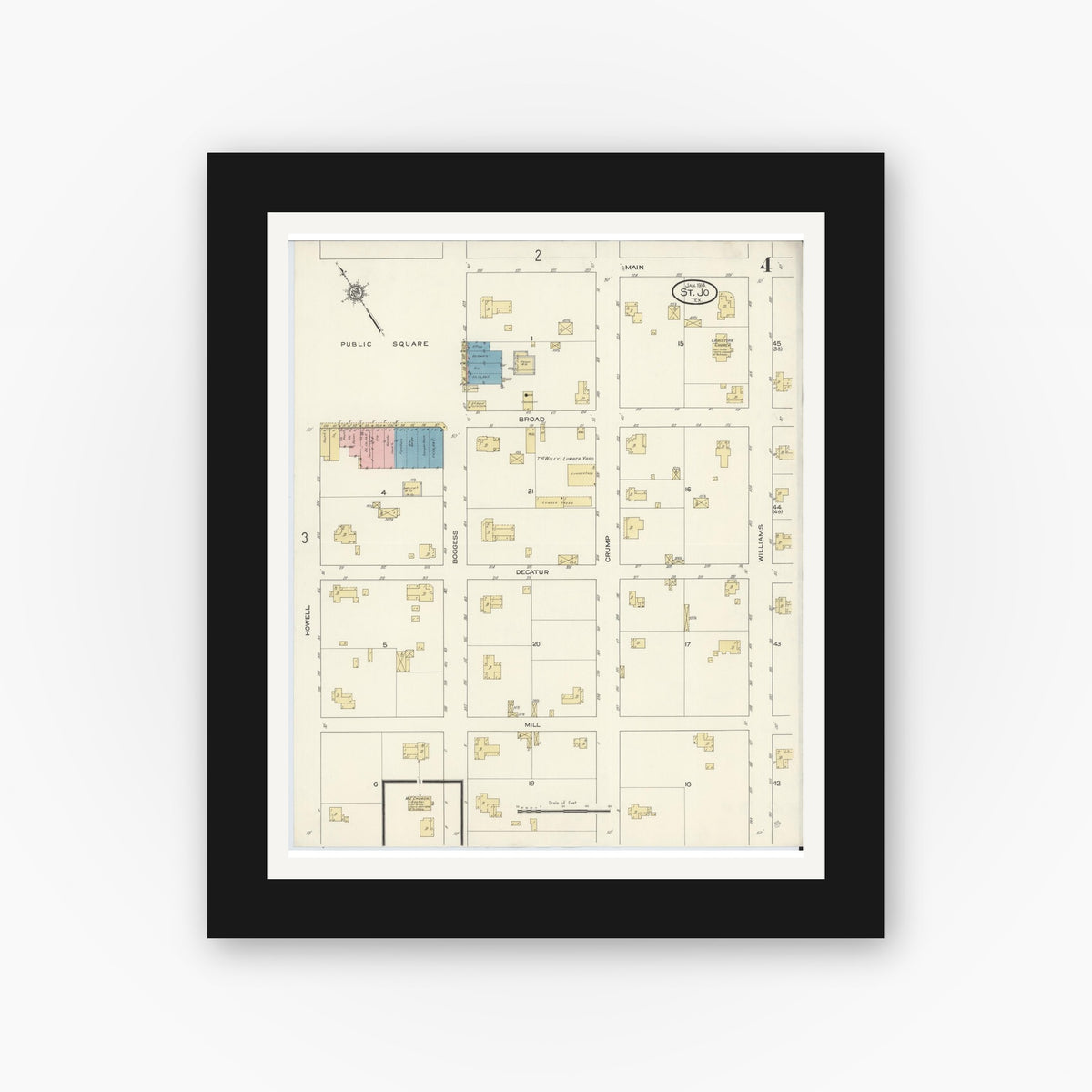 Old map wall art mockup — black gallery frame with white mat — Sanborn Fire Insurance Map from Saint Jo, Montague County, Texas (1914), Sheet #0004
