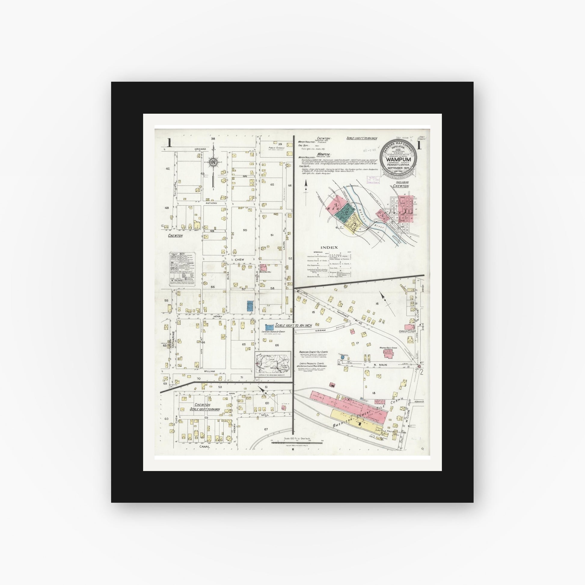 Old map wall art mockup — black gallery frame with white mat — Sanborn Fire Insurance Map from Wampum, Lawrence County, Pennsylvania (1925) - Complete Map Set