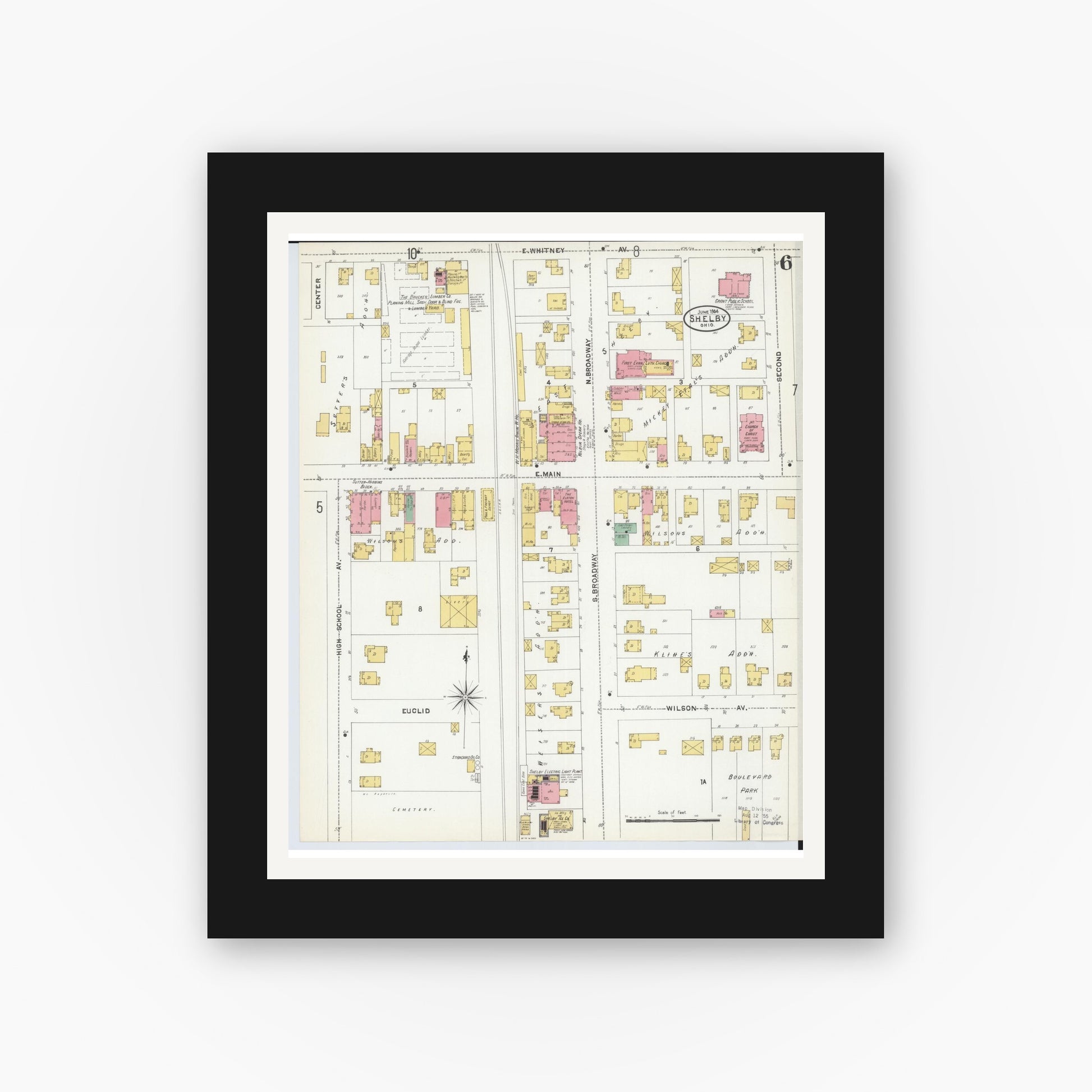 Old map wall art mockup — black gallery frame with white mat — Sanborn Fire Insurance Map from Shelby, Richland County, Ohio (1904), Sheet #0006