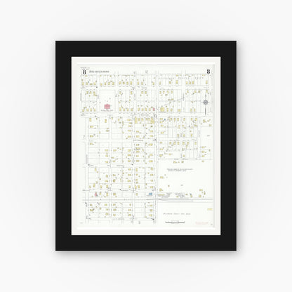 Old map wall art mockup — black gallery frame with white mat — Sanborn Fire Insurance Map from Marion, Williamson County, Illinois (1937), Sheet #0008