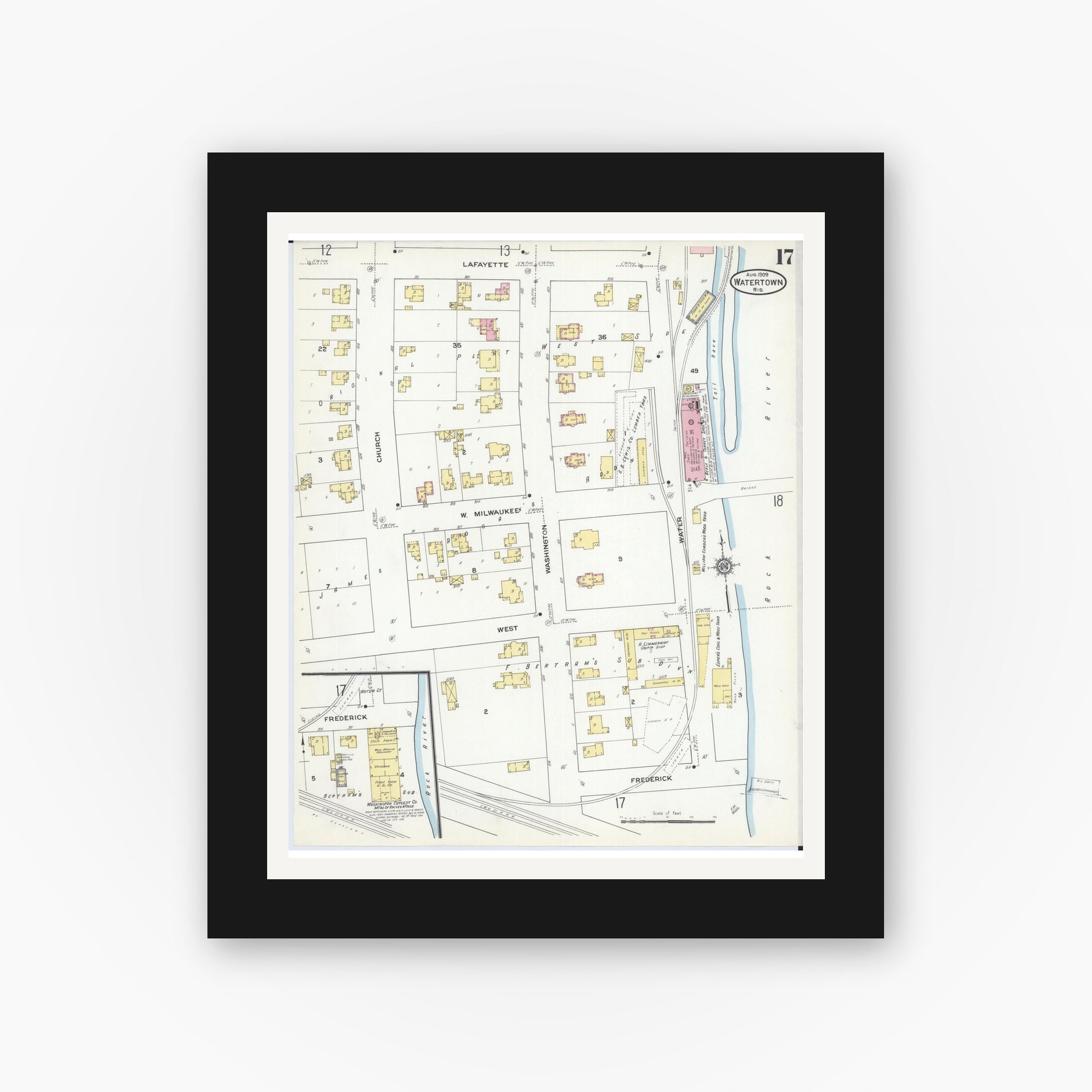 Old map wall art mockup — black gallery frame with white mat — Sanborn Fire Insurance Map from Watertown, Jefferson County, Wisconsin (1909), Sheet #0017