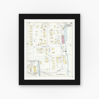 Old map wall art mockup — black gallery frame with white mat — Sanborn Fire Insurance Map from Watertown, Jefferson County, Wisconsin (1909), Sheet #0017