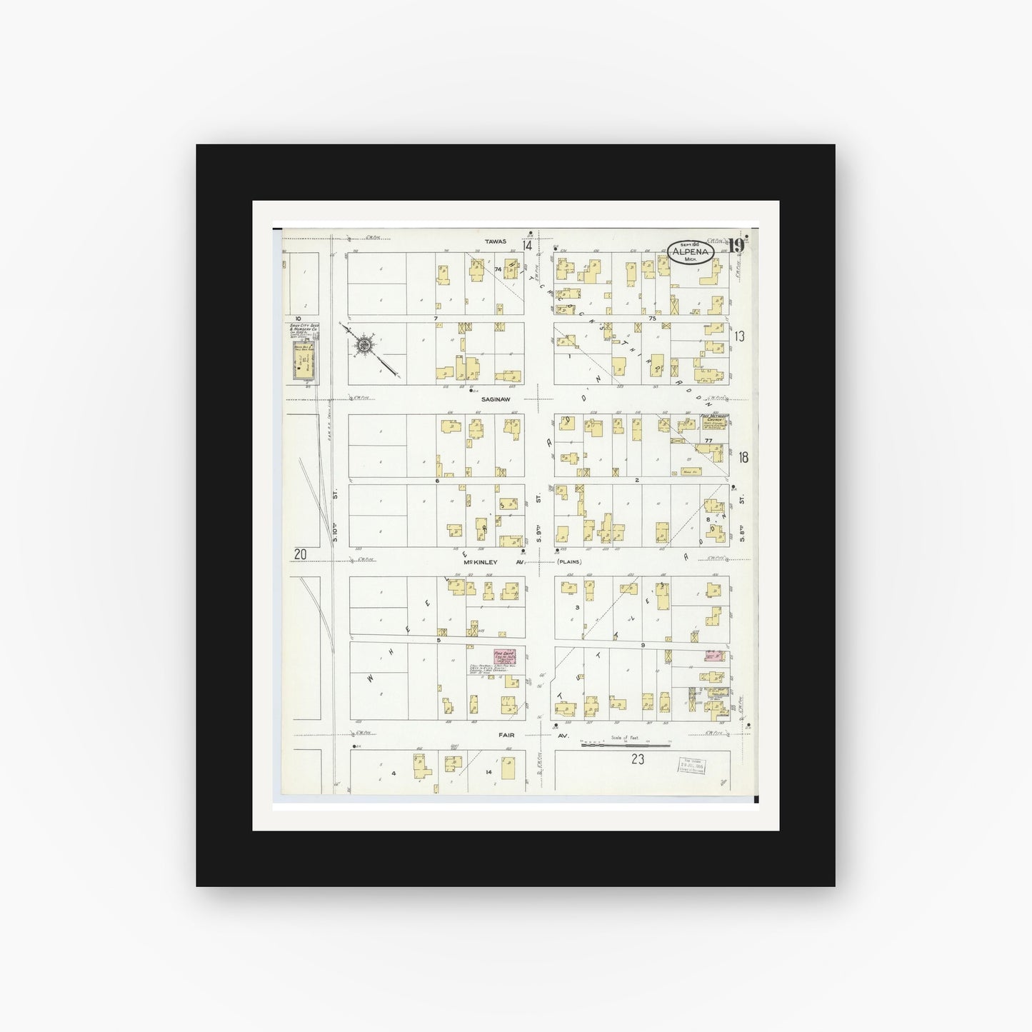 Old map wall art mockup — black gallery frame with white mat — Sanborn Fire Insurance Map from Alpena, Alpena County, Michigan (1910), Sheet #0019