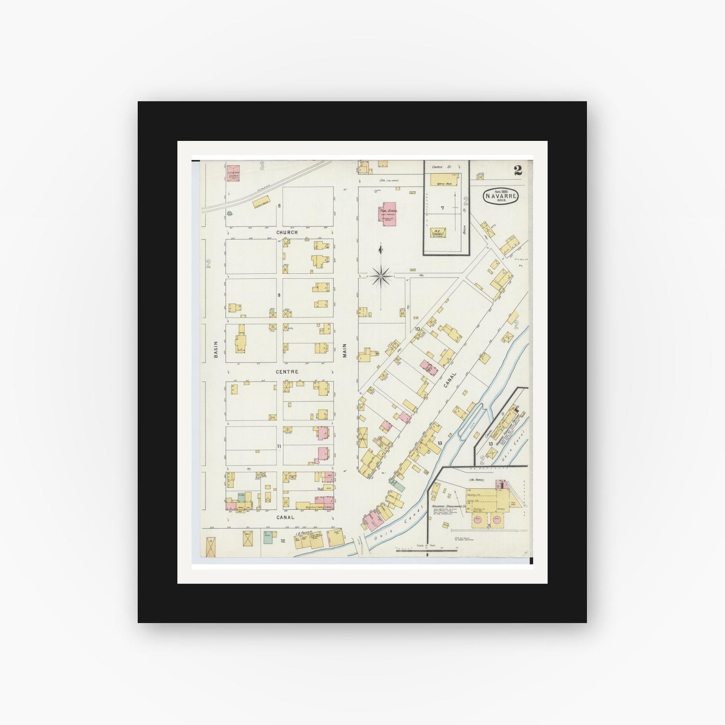 Old map wall art mockup — black gallery frame with white mat — Sanborn Fire Insurance Map from Navarre, Stark County, Ohio (1895), Sheet #0002