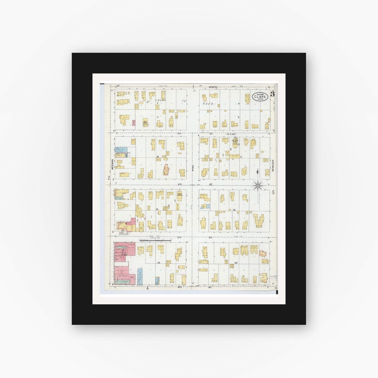 Old map wall art mockup — black gallery frame with white mat — Sanborn Fire Insurance Map from Clare, Clare County, Michigan (1906), Sheet #0003