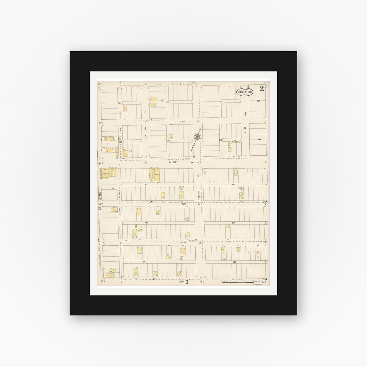 Old map wall art mockup — black gallery frame with white mat — Sanborn Fire Insurance Map from Manhattan Beach, Los Angeles County, California (1917), Sheet #0002