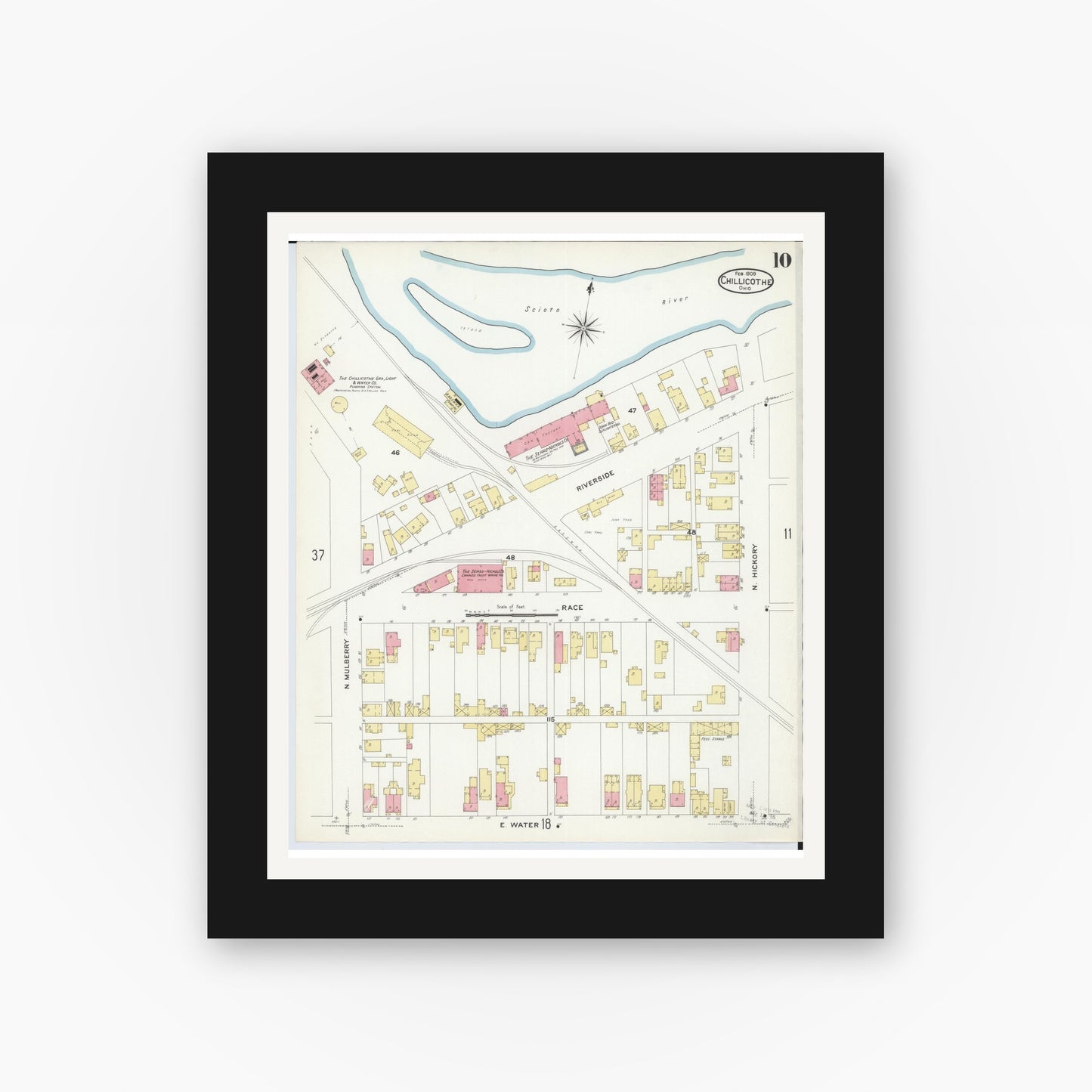 Old map wall art mockup — black gallery frame with white mat — Sanborn Fire Insurance Map from Chillicothe, Ross County, Ohio (1909), Sheet #0010