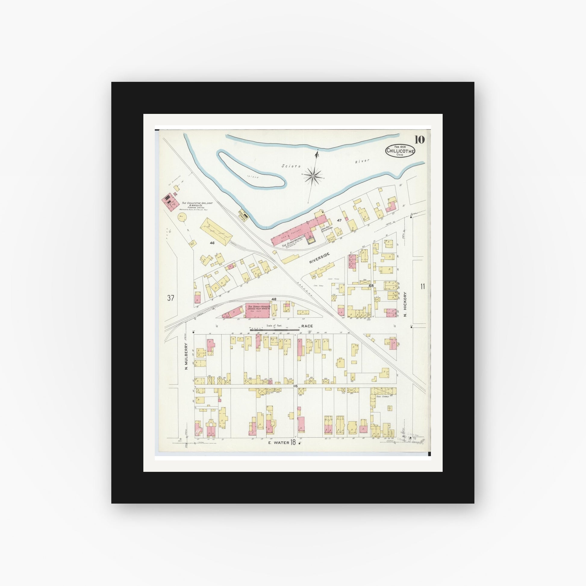 Old map wall art mockup — black gallery frame with white mat — Sanborn Fire Insurance Map from Chillicothe, Ross County, Ohio (1909), Sheet #0010