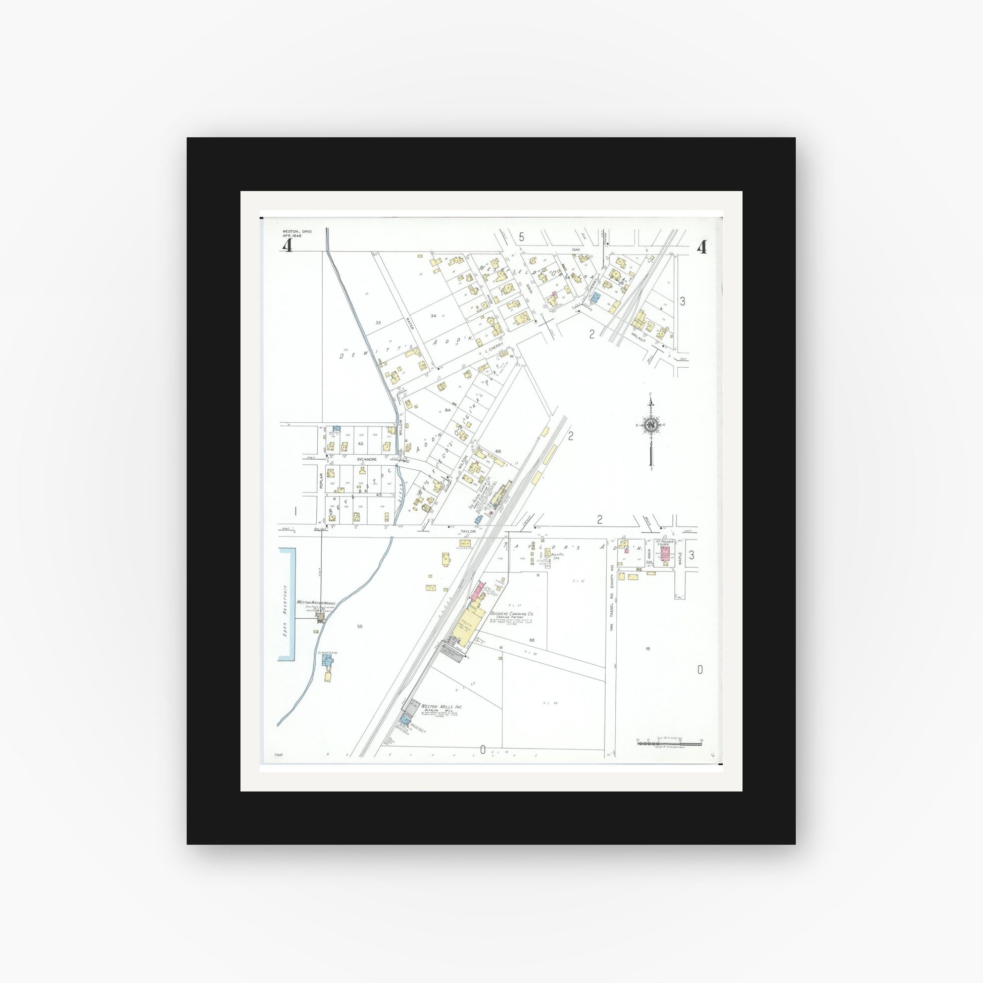 Old map wall art mockup — black gallery frame with white mat — Sanborn Fire Insurance Map from Weston, Wood County, Ohio (1948), Sheet #0004
