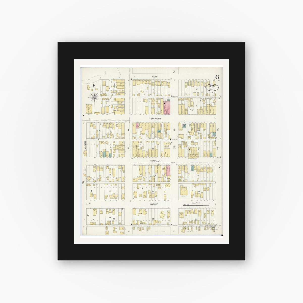 Old map wall art mockup — black gallery frame with white mat — Sanborn Fire Insurance Map from Ely, Saint Louis County, Minnesota (1906), Sheet #0003