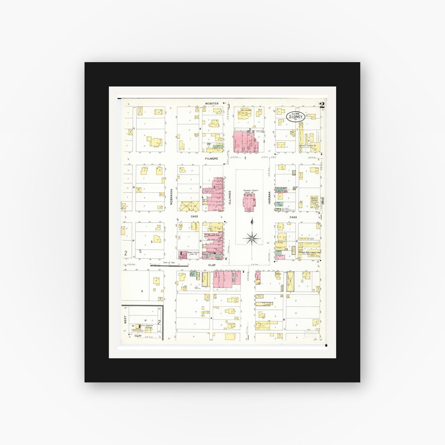 Old map wall art mockup — black gallery frame with white mat — Sanborn Fire Insurance Map from Sidney, Fremont County, Iowa (1908), Sheet #0002