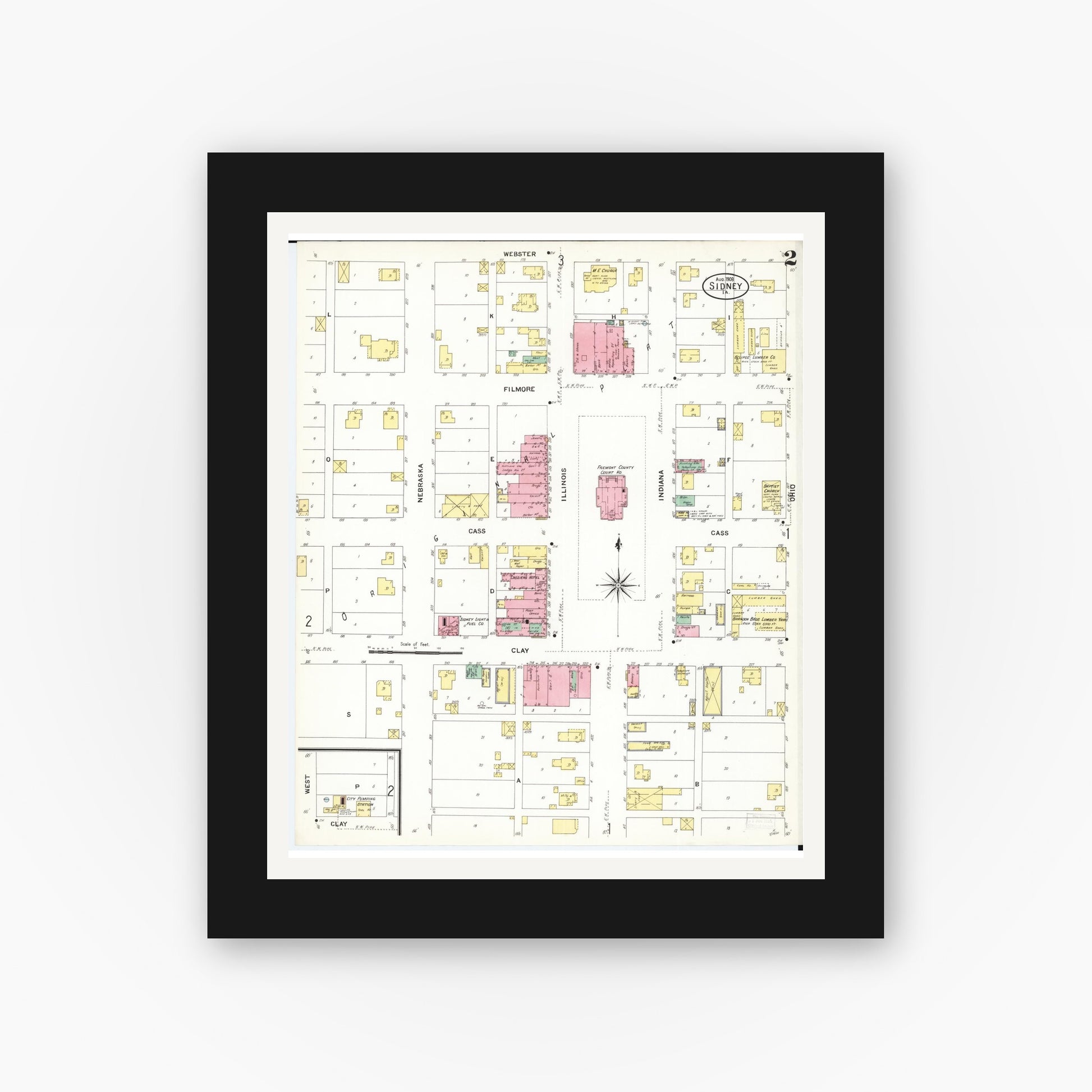 Old map wall art mockup — black gallery frame with white mat — Sanborn Fire Insurance Map from Sidney, Fremont County, Iowa (1908), Sheet #0002