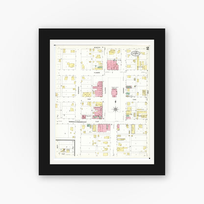 Old map wall art mockup — black gallery frame with white mat — Sanborn Fire Insurance Map from Sidney, Fremont County, Iowa (1908), Sheet #0002