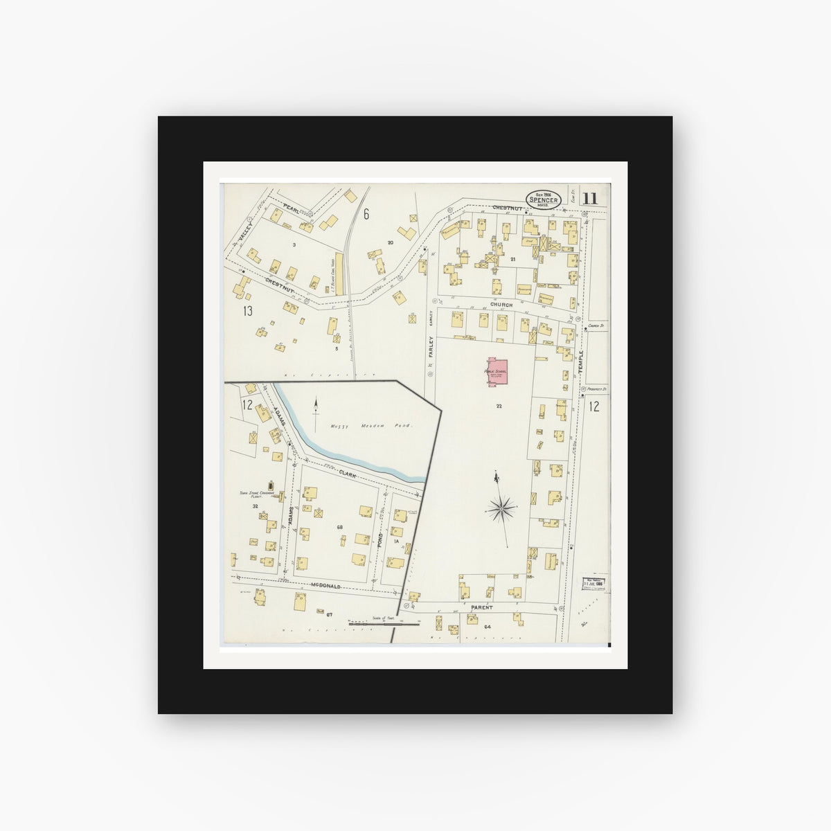 Old map wall art mockup — black gallery frame with white mat — Sanborn Fire Insurance Map from Spencer, Worcester County, Massachusetts (1906), Sheet #0011