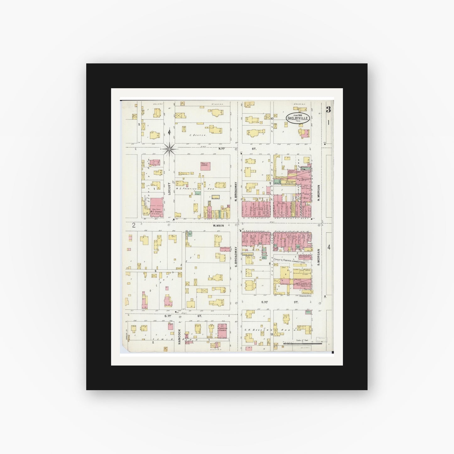 Old map wall art mockup — black gallery frame with white mat — Sanborn Fire Insurance Map from Shelbyville, Shelby County, Illinois (1898), Sheet #0003