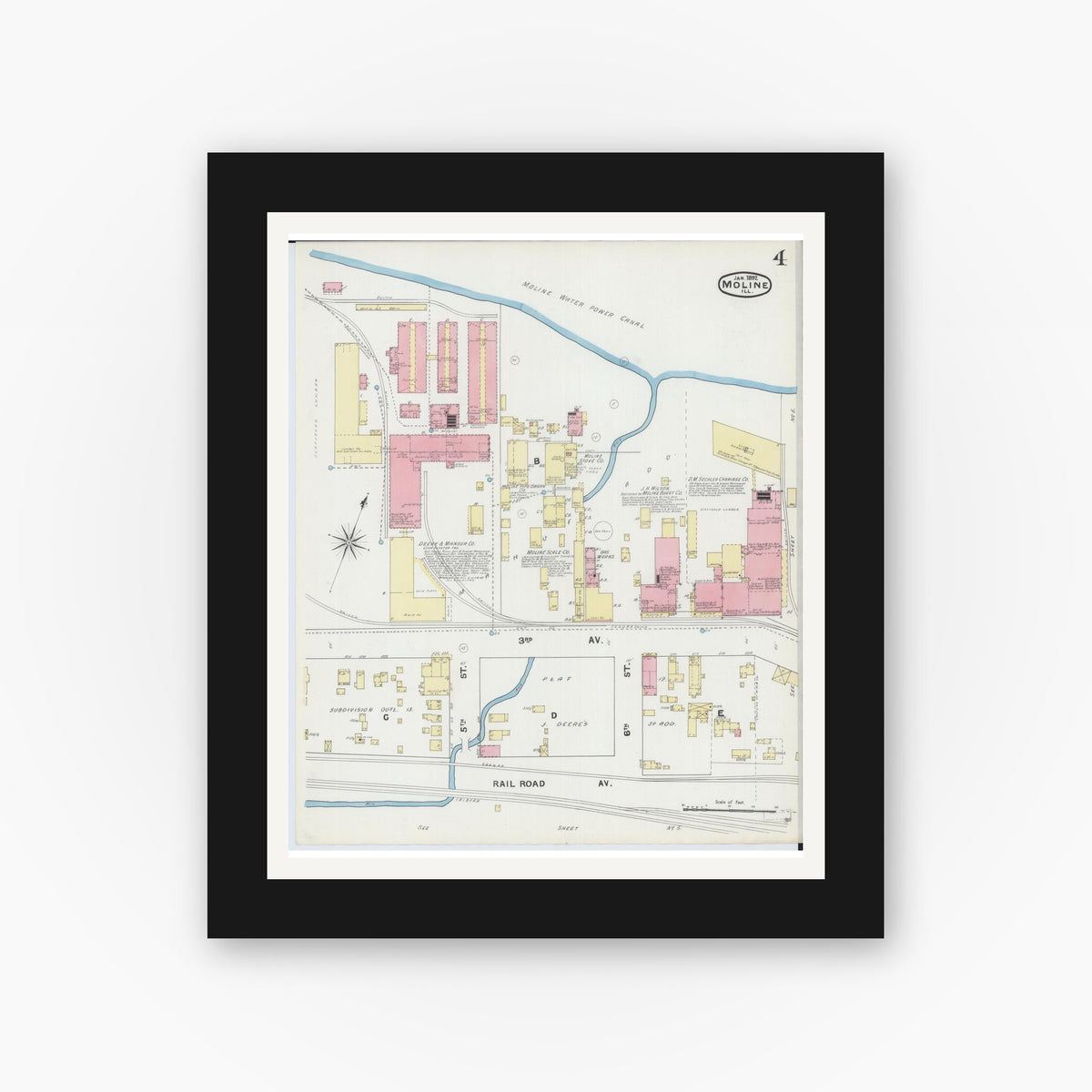 Old map wall art mockup — black gallery frame with white mat — Sanborn Fire Insurance Map from Moline, Rock Island County, Illinois (1892), Sheet #0004