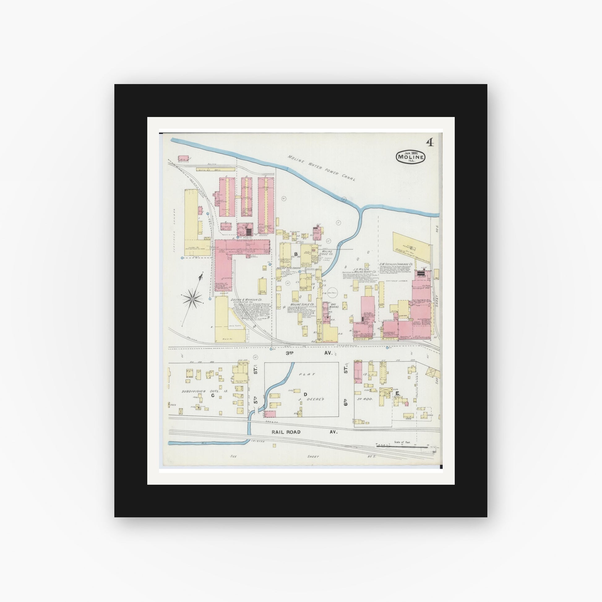 Old map wall art mockup — black gallery frame with white mat — Sanborn Fire Insurance Map from Moline, Rock Island County, Illinois (1892), Sheet #0004