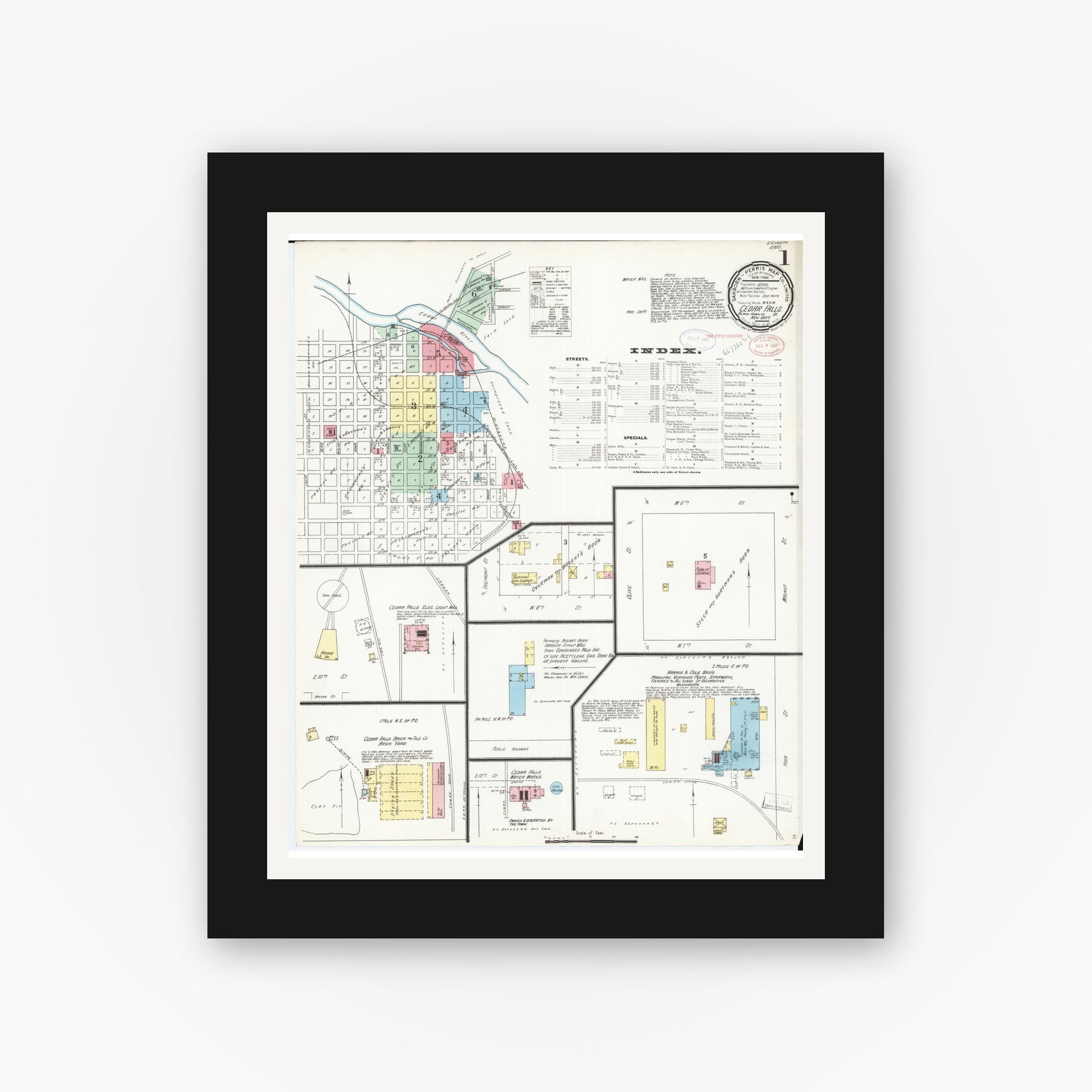 Old map wall art mockup — black gallery frame with white mat — Sanborn Fire Insurance Map from Cedar Falls, Black Hawk County, Iowa (1897), Sheet #0001