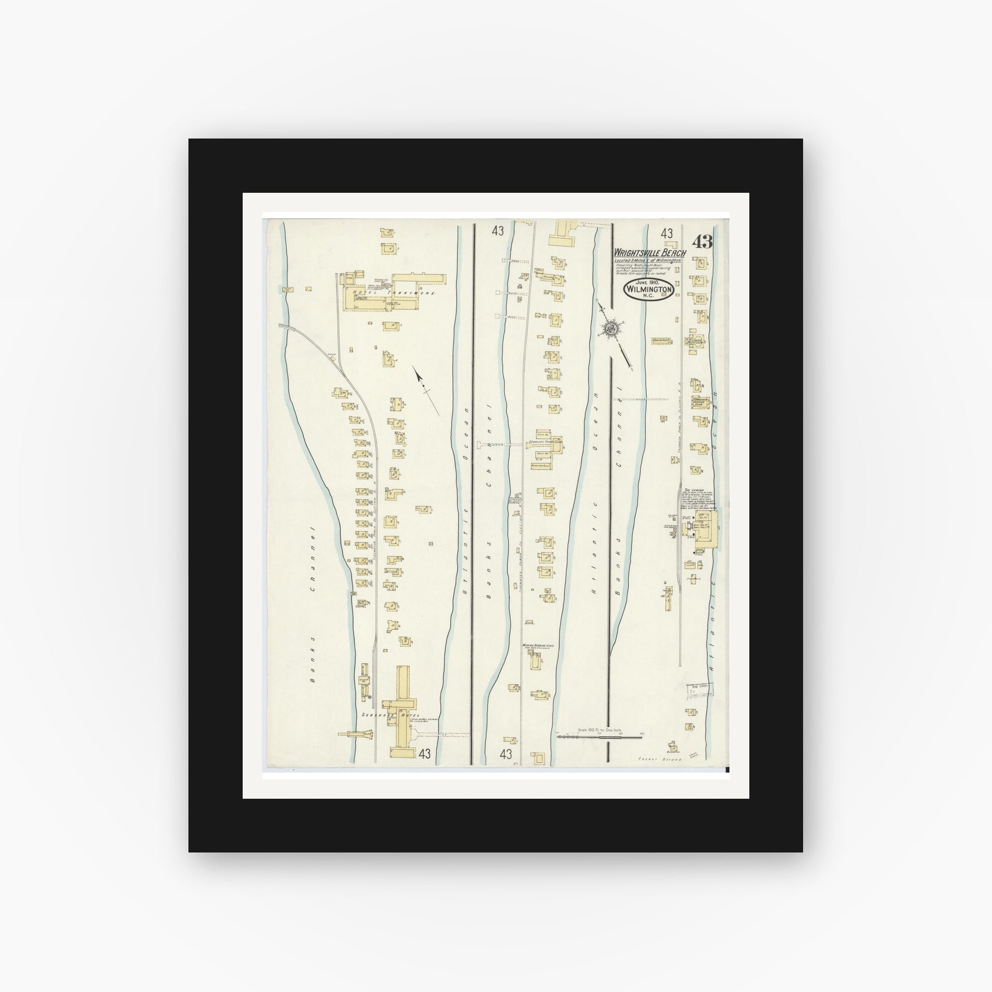 Old map wall art mockup — black gallery frame with white mat — Sanborn Fire Insurance Map from Wilmington, New Hanover County, North Carolina (1910), Sheet #0043
